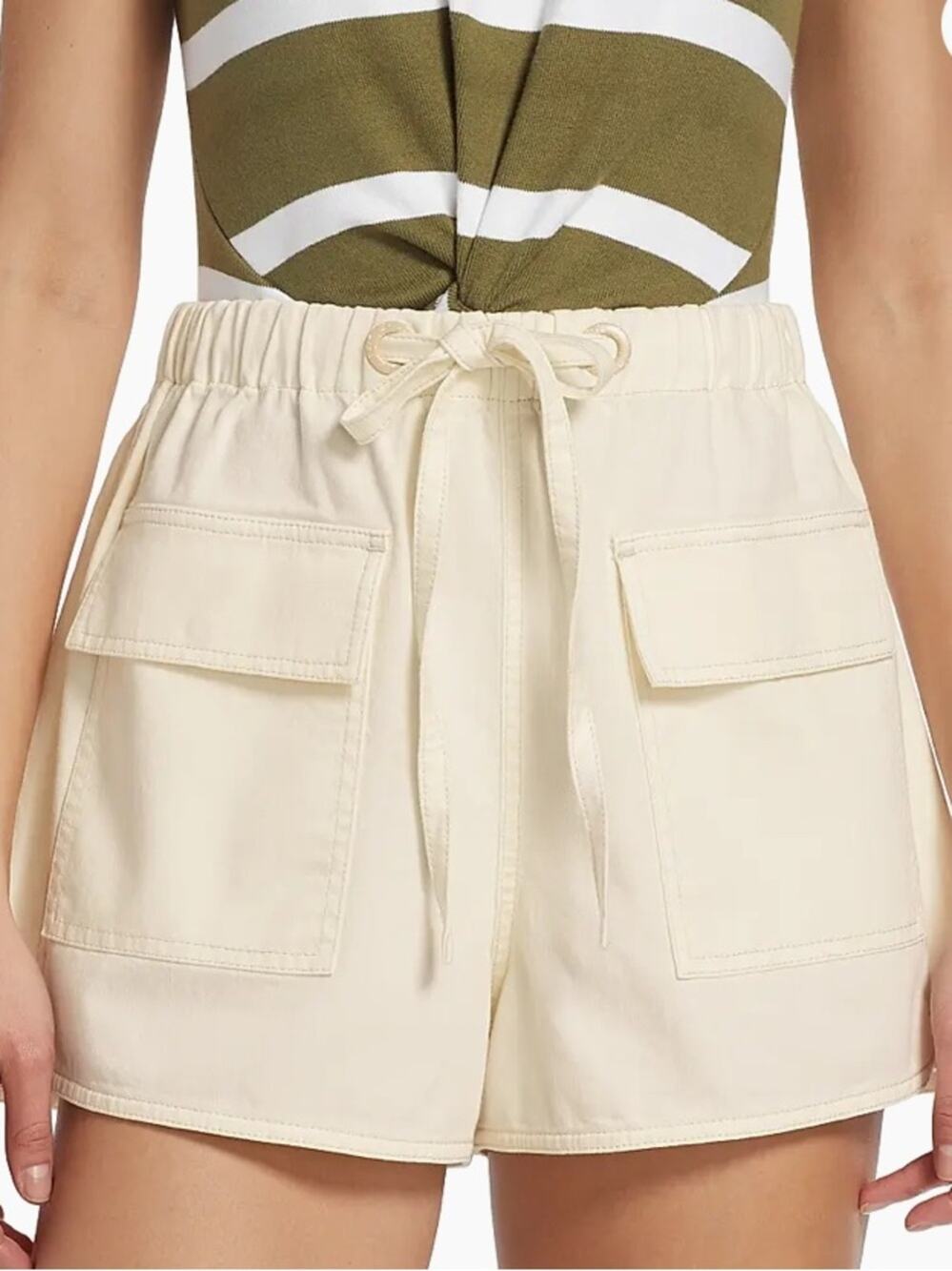 Tanya Taylor Cotton Denim Drawstring Cargo Pocket Shorts Cream size XXS